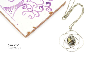 Collana con pendente in argento intrecciato con meccanismo di orologio femminile d'epoca ispirato a "la storia infinita" #294 - Glimoire