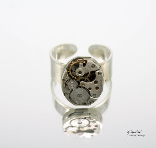 Anello con meccanismo di orologio d'epoca in argento 925 (base regolabile) art.36 - Glimoire