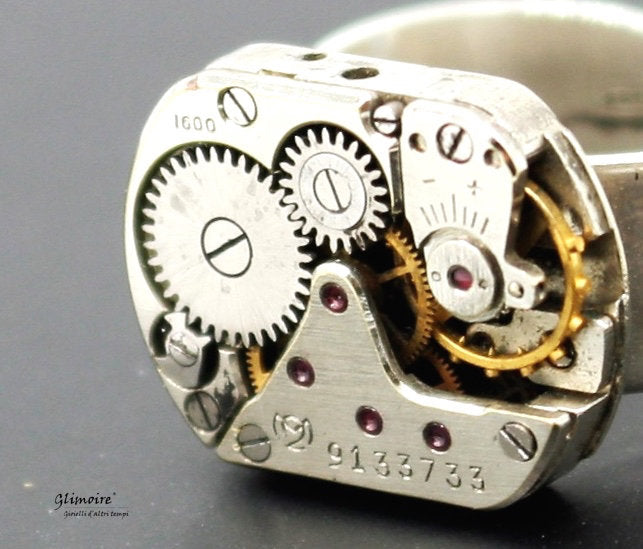 Anello meccanismo di orologio d'epoca in argento 925 (base regolabile), realizzato con un movimento di orologio svizzero art.254 - Glimoire