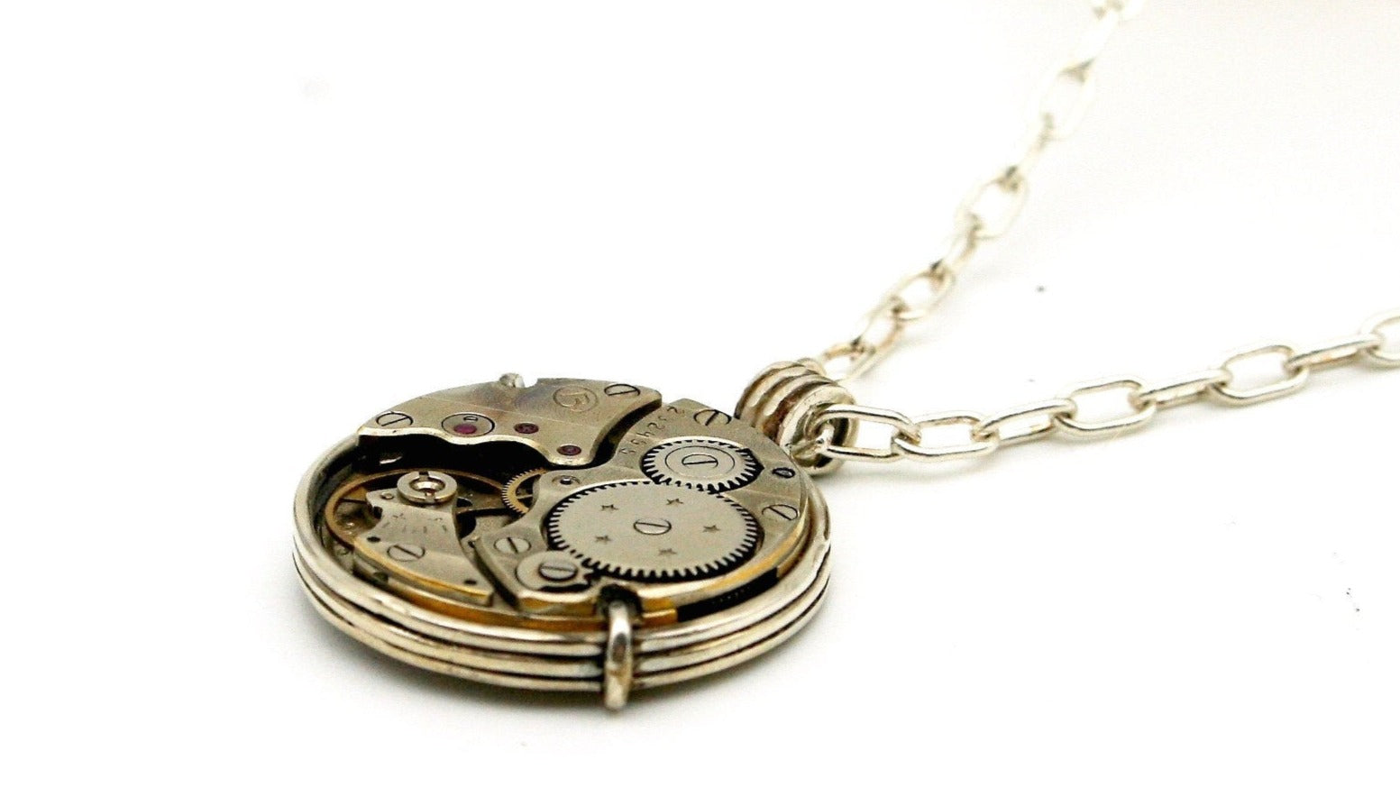 Medaglione con meccanismo d'orologio d'epoca - Pendente con ingranaggio d'orologio collana con catenina in argento art.269b - Glimoire