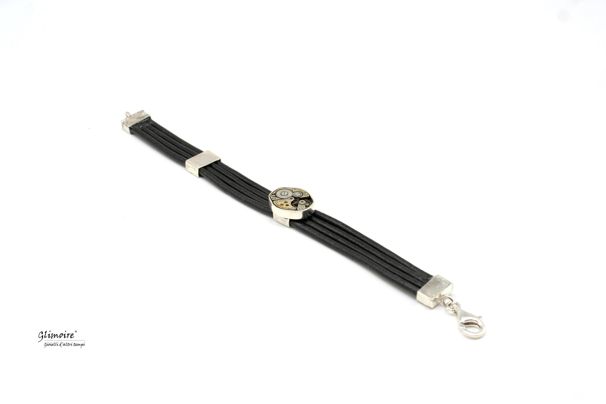 Bracciale industrial in cuoio nero e meccanismo di orologio de'poca - bracciale da uomo con fili in cuoio in argento #235 - Glimoire