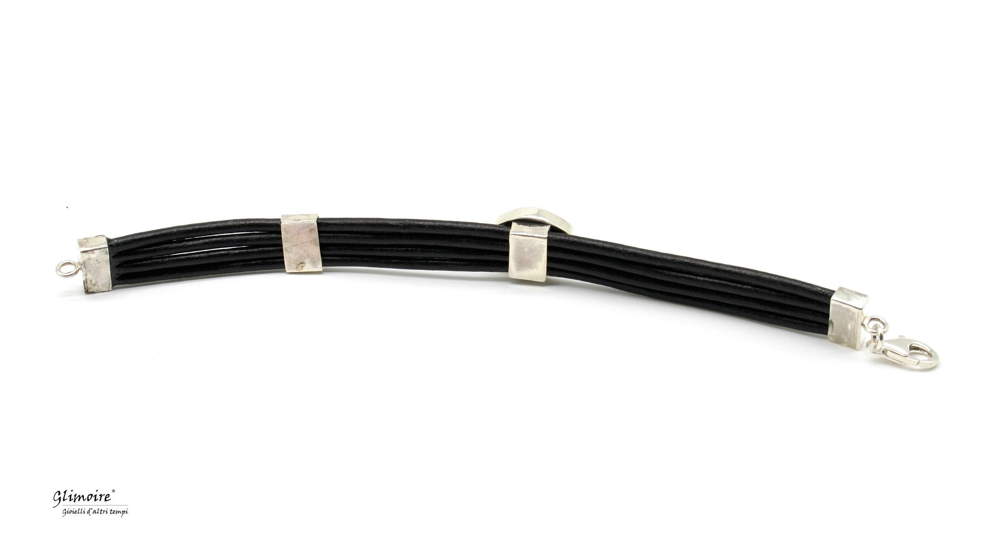 Bracciale industrial in cuoio nero e meccanismo di orologio de'poca - bracciale da uomo con fili in cuoio in argento #235 - Glimoire