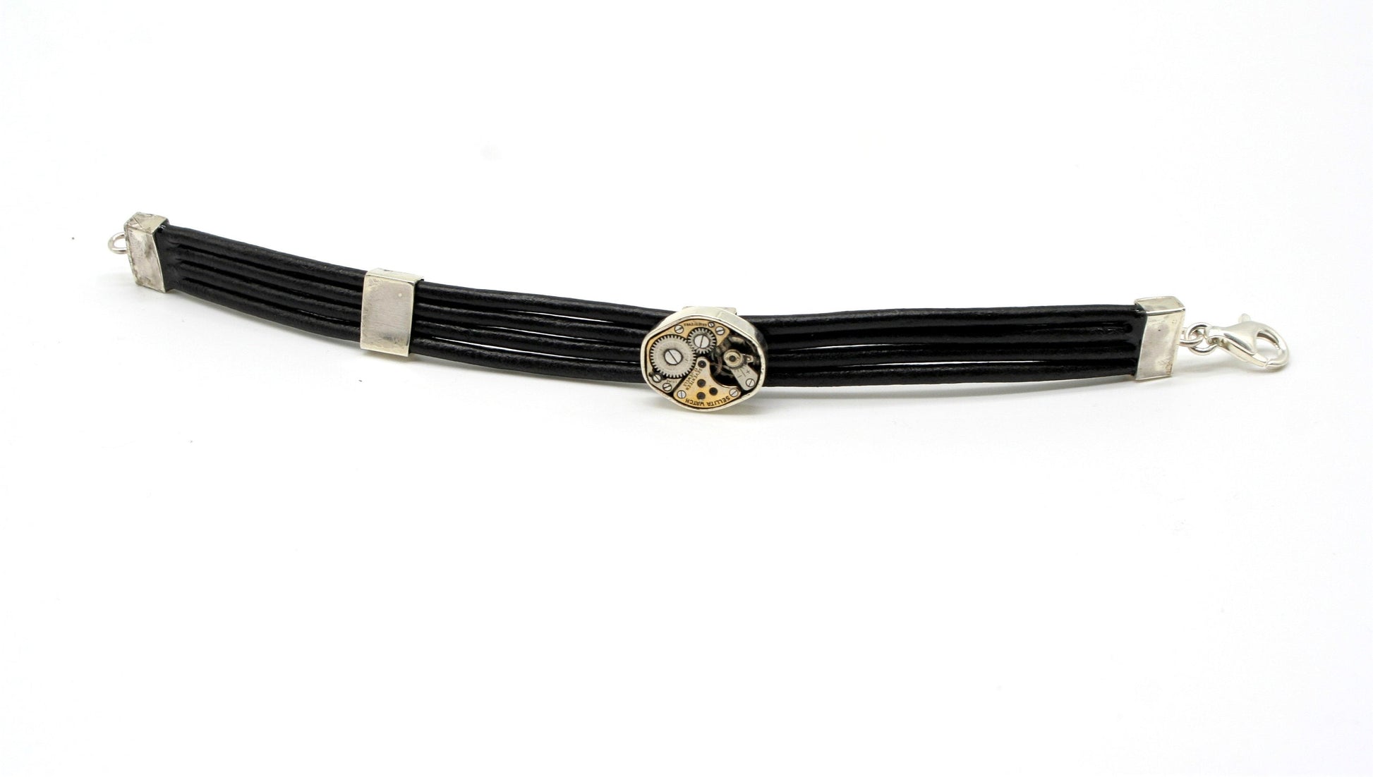 Bracciale industrial in cuoio nero e meccanismo di orologio de'poca - bracciale da uomo con fili in cuoio in argento #235 - Glimoire