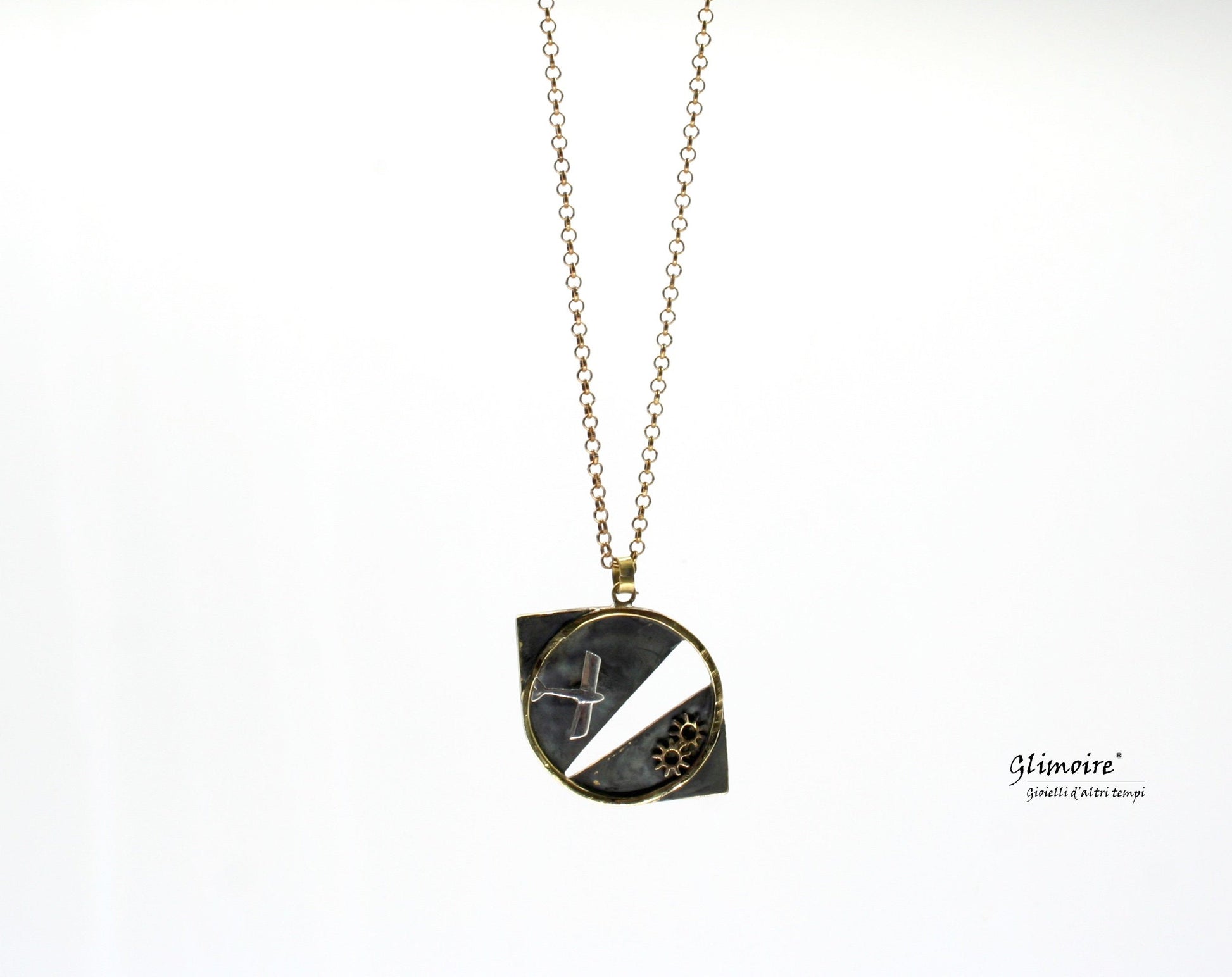 Viaggi interstellari - Collana con pendente in ottone e argento. Aereo e ingranaggi di orologio art.280 - Glimoire