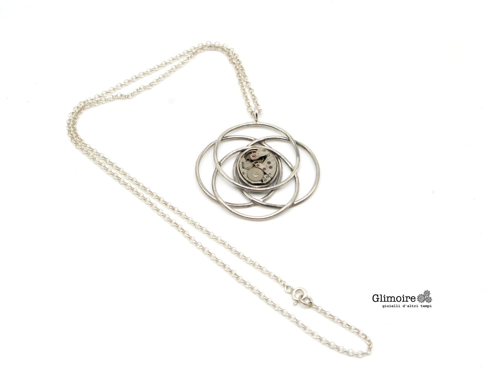 Collana con pendente in argento intrecciato con meccanismo di orologio femminile d'epoca ispirato a "la storia infinita" #294 - Glimoire