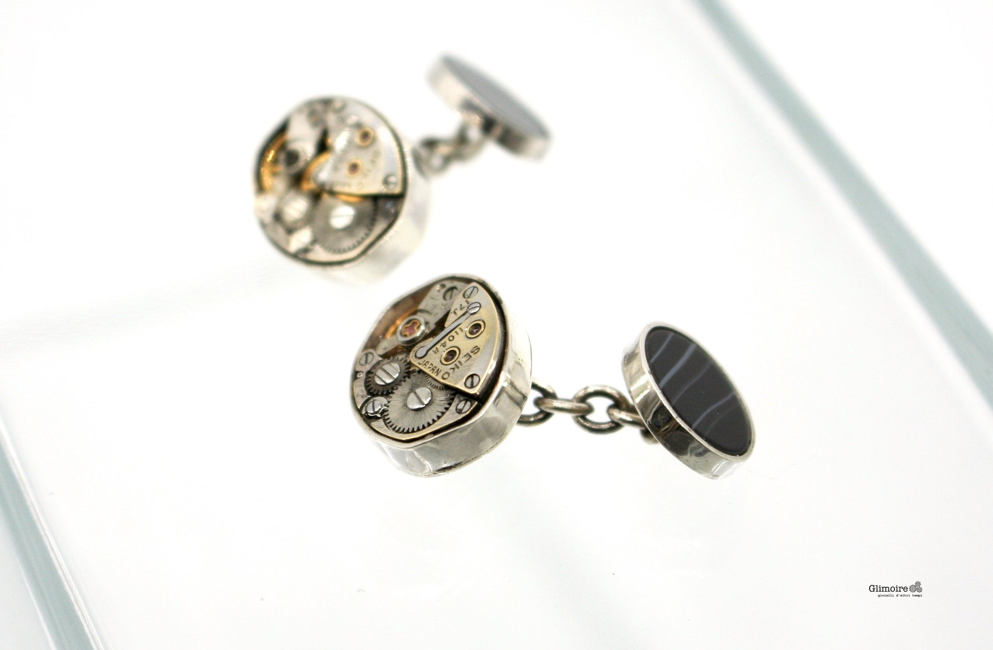 Gemelli a catena con meccanismi di orologio Seiko e onice nero. Gemelli ovali con movimenti vintage, In argento  art.319 - Glimoire
