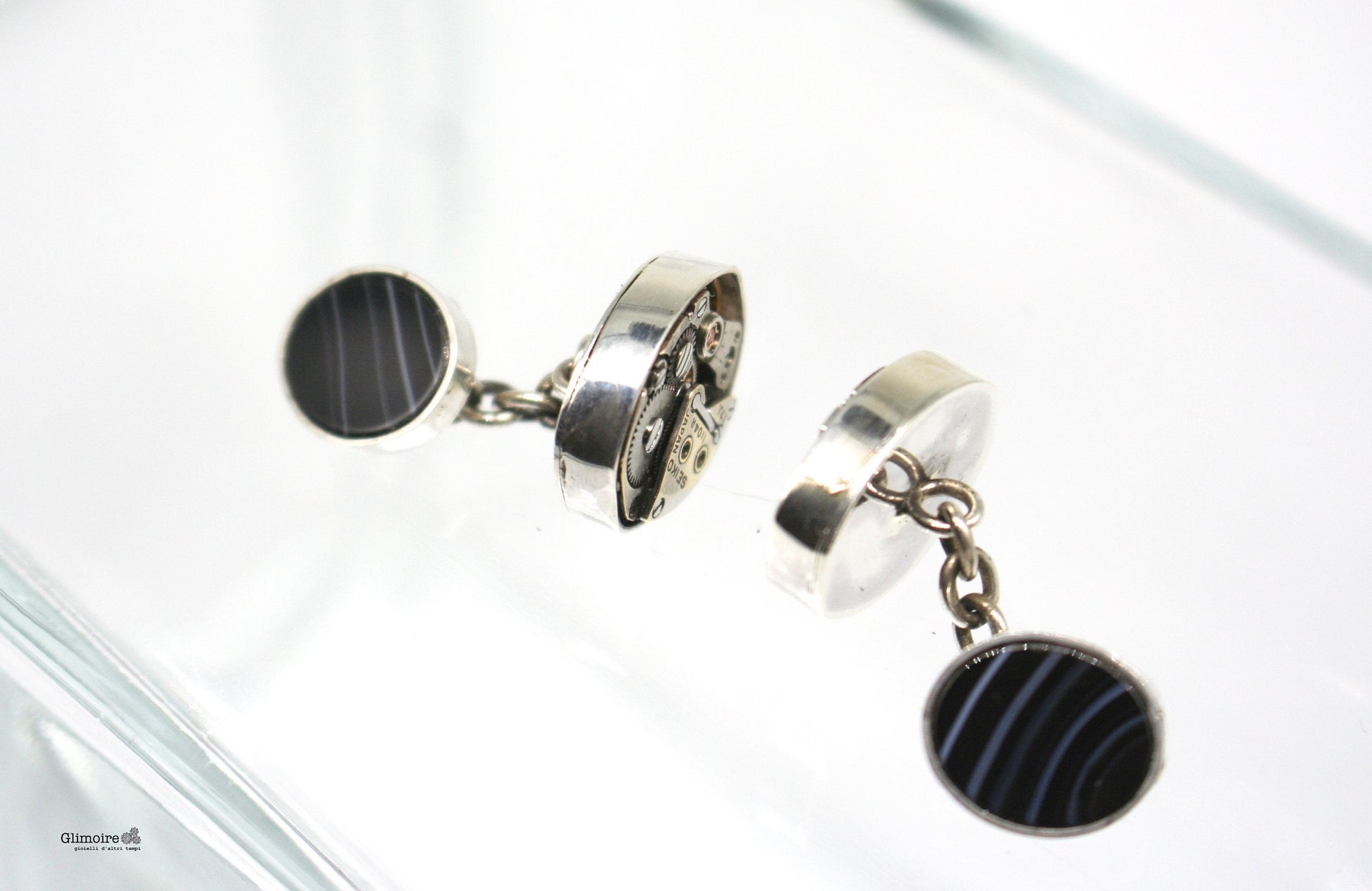 Gemelli a catena con meccanismi di orologio Seiko e onice nero. Gemelli ovali con movimenti vintage, In argento  art.319 - Glimoire