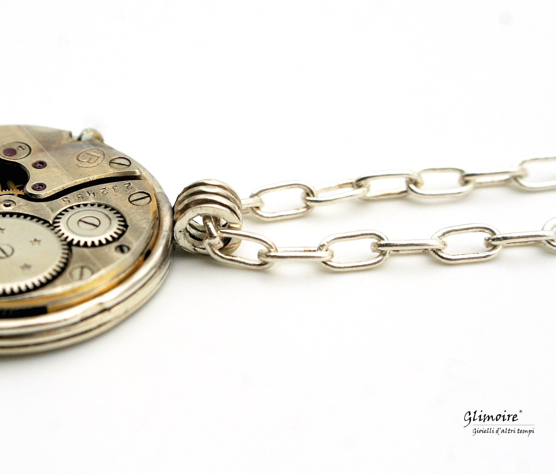 Collana Glimoire con medaglione con meccanismo orologio e catena argento elegante