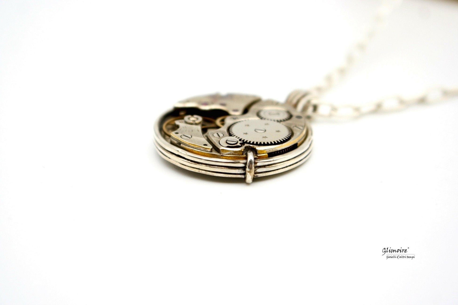 Collana Glimoire con medaglione con meccanismo orologio dettagliato in metallo vintage