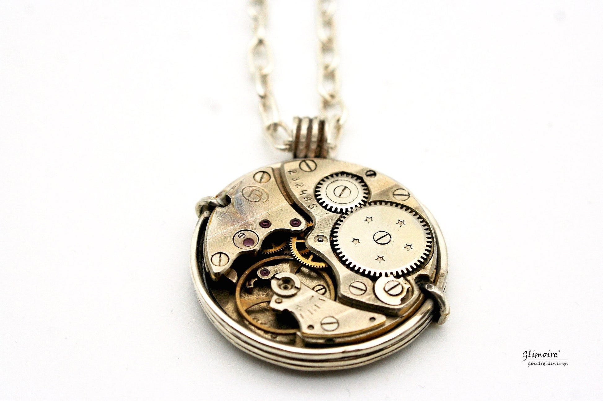 Collana Glimoire con medaglione con meccanismo orologio in metallo vintage dettagliato