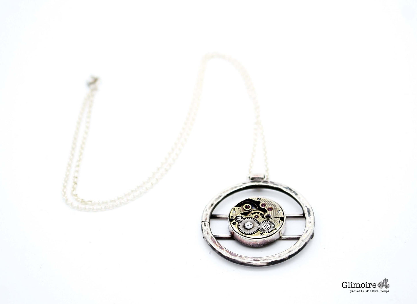 Collana Glimoire con medaglione steampunk e meccanismi visibili all'interno
