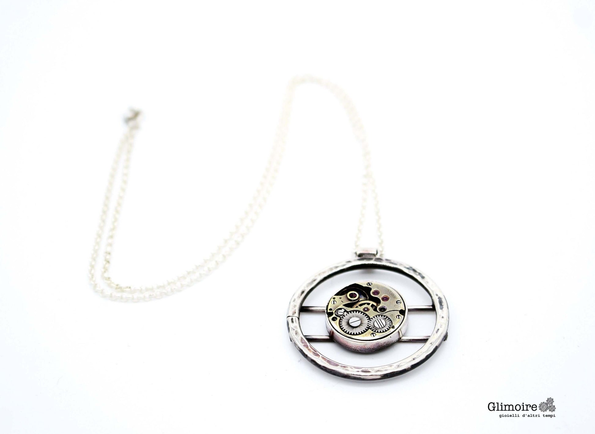 Collana Glimoire con medaglione steampunk e meccanismi visibili all'interno