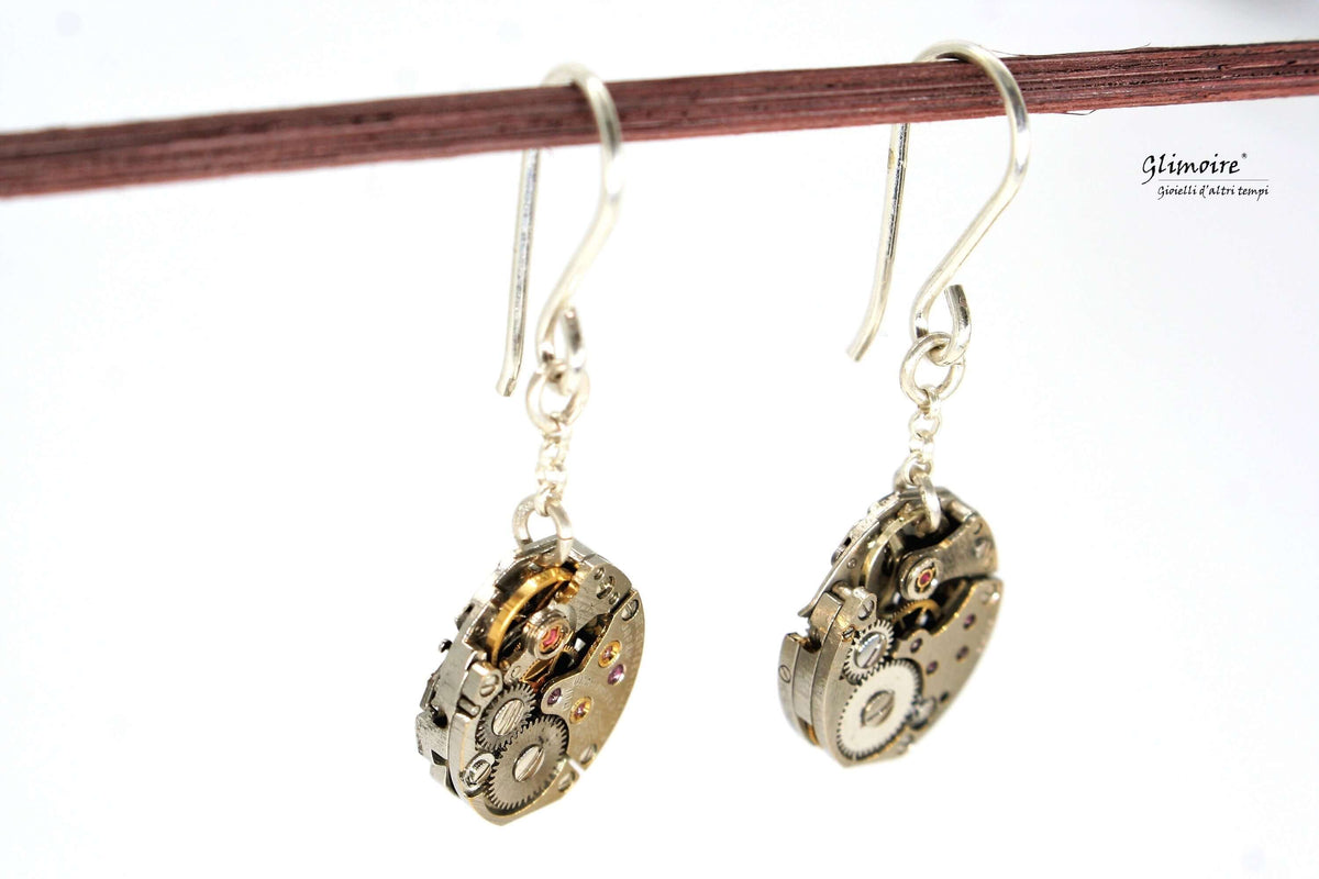 Orecchini pendenti industriali con monachella in argento e movimenti d orologio